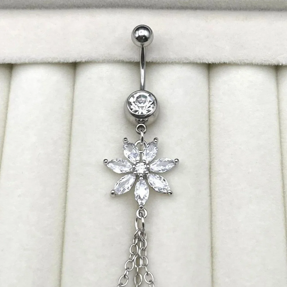 316L Stainless Steel with White Diamond Cubic Zirconia Flower 14G Belly Ring